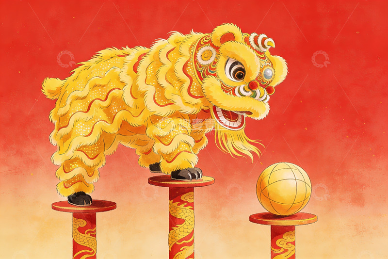 高清大图下载【趣麦麦图】金色舞狮踩桩戏球迎新春