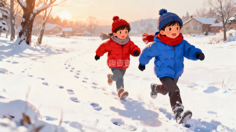 高清大图下载【趣麦麦图】雪地奔跑孩童冬日欢乐场景