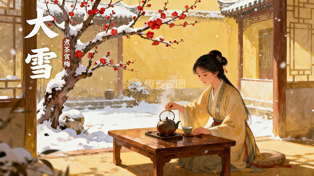 雪中庭院女子煮茶图