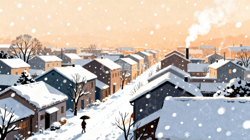高清大图下载【趣麦麦图】雪中小镇行人撑伞漫步