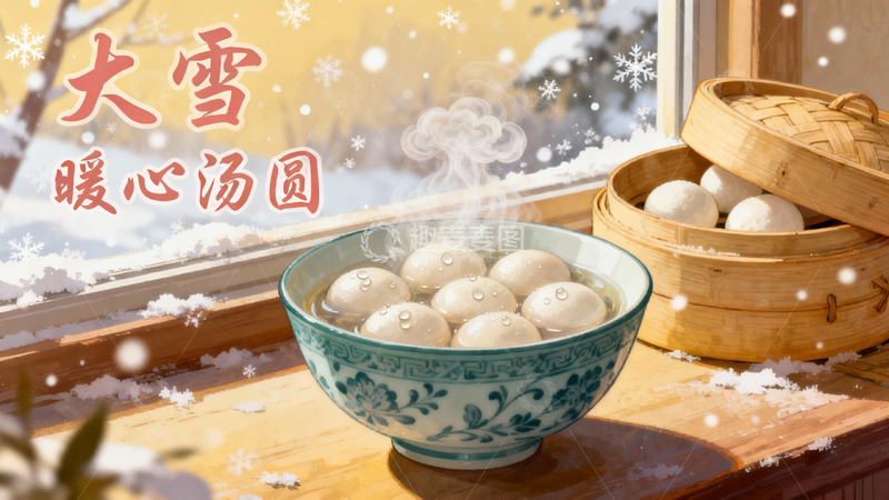 高清大图下载【趣麦麦图】窗边雪景热汤圆