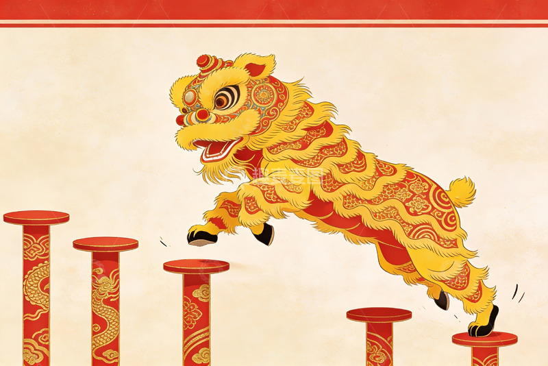高清大图下载【趣麦麦图】舞狮跃柱迎新春