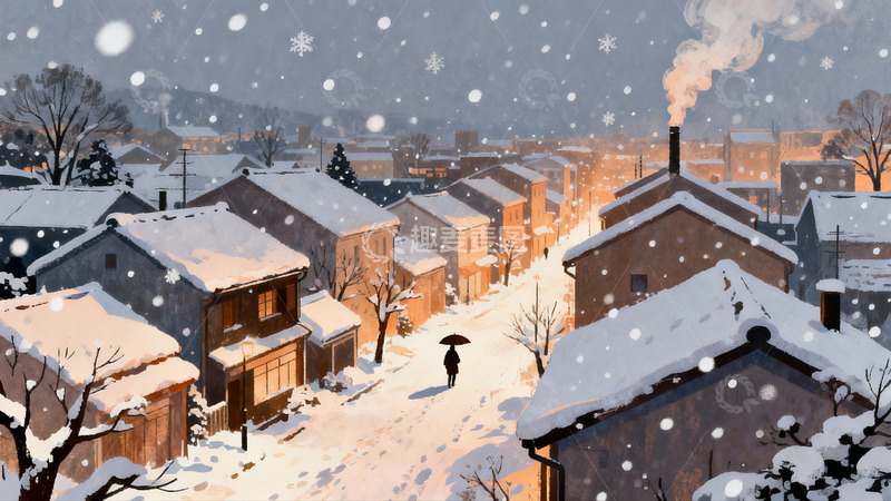 高清大图下载【趣麦麦图】雪夜小镇行人撑伞漫步