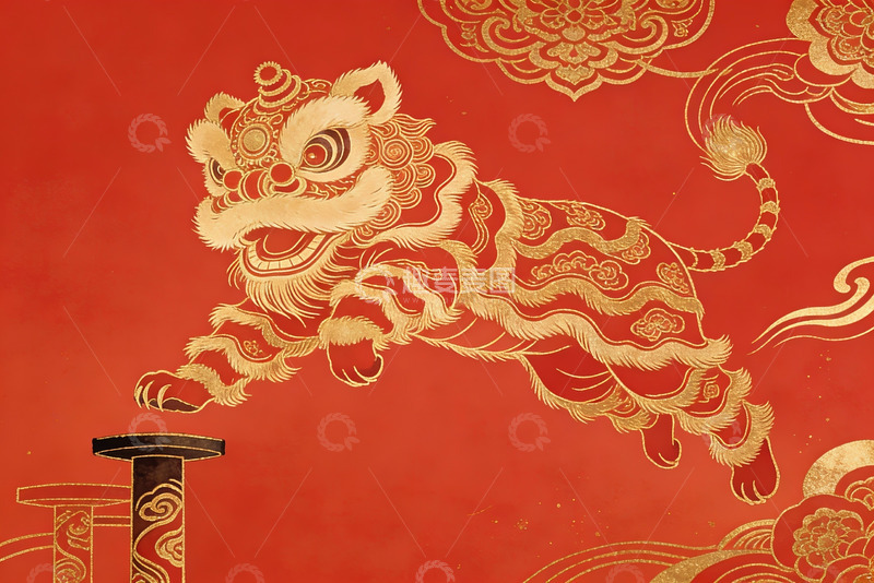 高清大图下载【趣麦麦图】金色舞狮跃柱迎新春