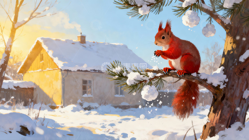 高清大图下载【趣麦麦图】雪中松鼠与木屋的冬日景象