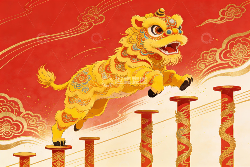 高清大图下载【趣麦麦图】金色舞狮跃柱迎新春