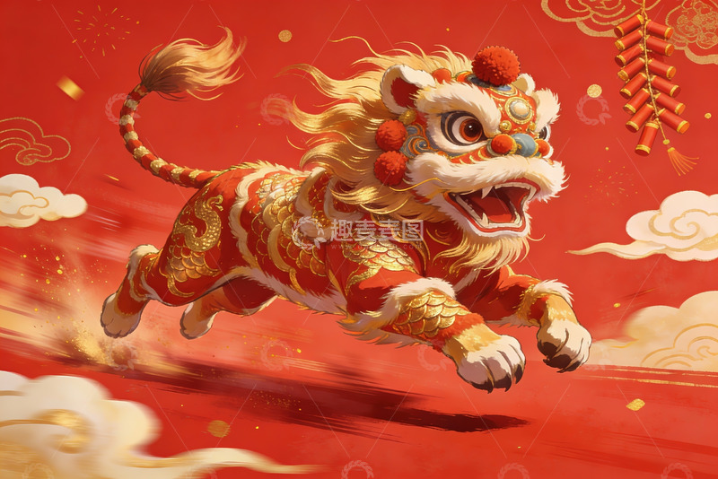 高清大图下载【趣麦麦图】红色背景舞狮动态画面