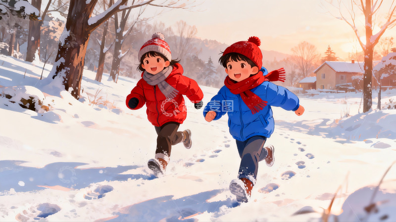 高清大图下载【趣麦麦图】雪地奔跑孩童冬日欢乐