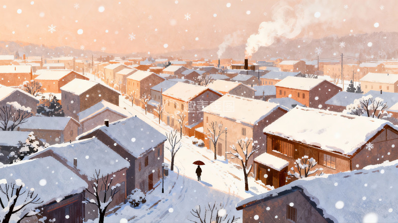 高清大图下载【趣麦麦图】雪中小镇行人撑伞漫步