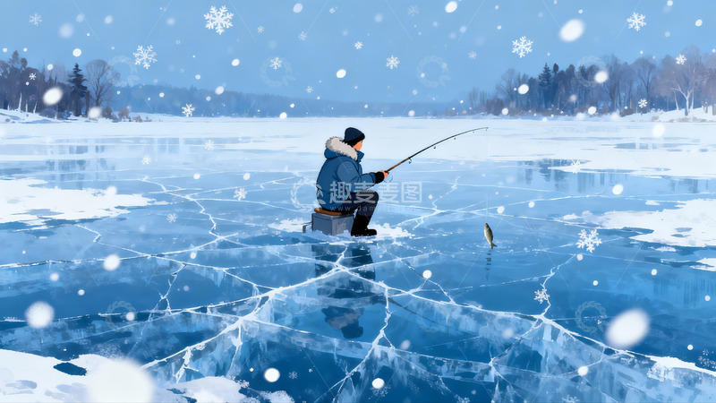 高清大图下载【趣麦麦图】冰面垂钓雪景图