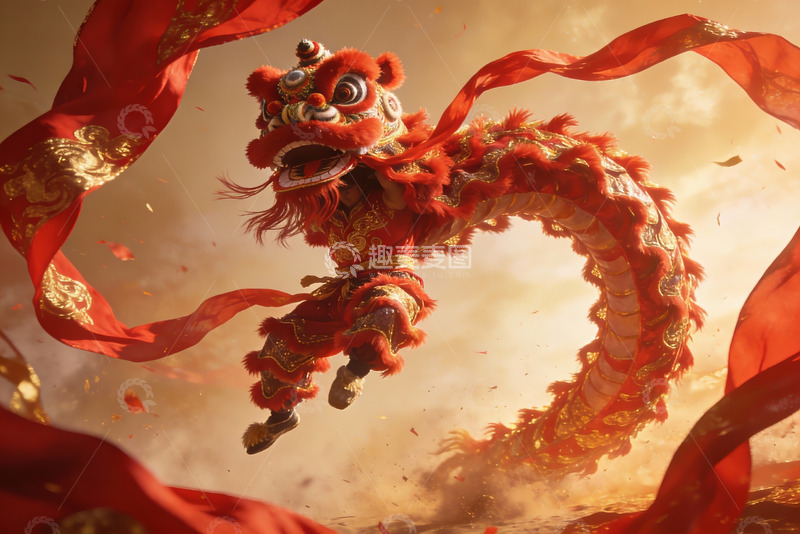 高清大图下载【趣麦麦图】红色舞狮腾空跃起