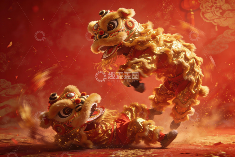 高清大图下载【趣麦麦图】金色舞狮表演生动震撼