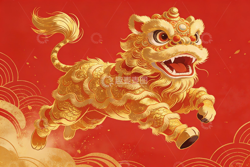 高清大图下载【趣麦麦图】金色舞狮跃动红色背景