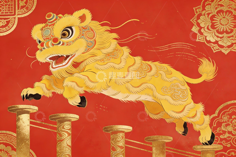 高清大图下载【趣麦麦图】金色舞狮跃过柱子喜庆图案