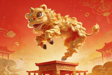 金色舞狮跃上高台庆祝节日