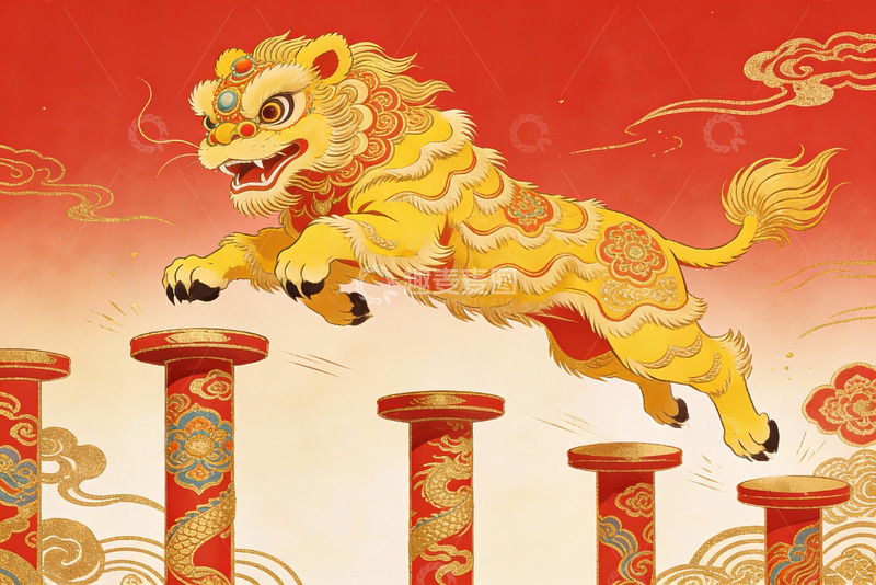高清大图下载【趣麦麦图】金色舞狮跃柱迎祥瑞