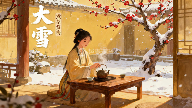 雪中古风女子煮茶赏梅