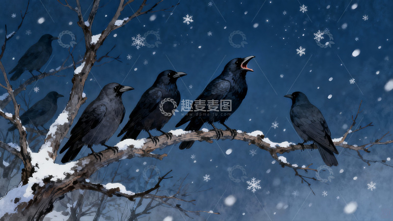 高清大图下载【趣麦麦图】雪夜树枝上的乌鸦群