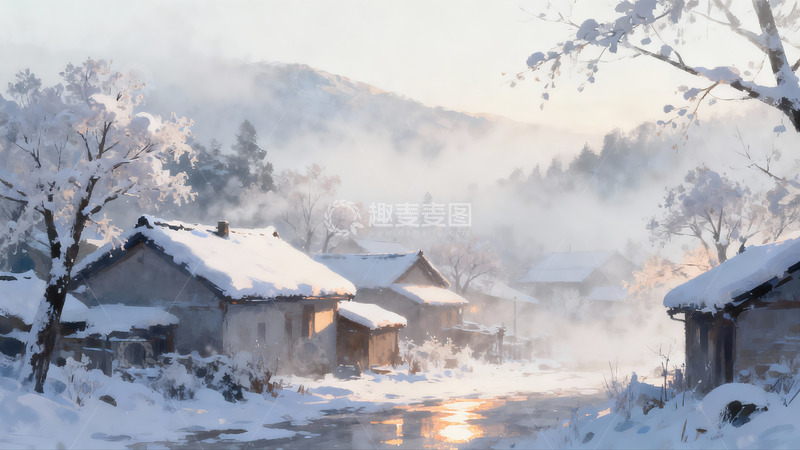 高清大图下载【趣麦麦图】雪后山村晨雾缭绕