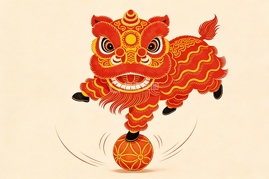 红色舞狮踩球艺术插画