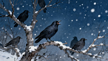 雪夜树枝上的乌鸦群