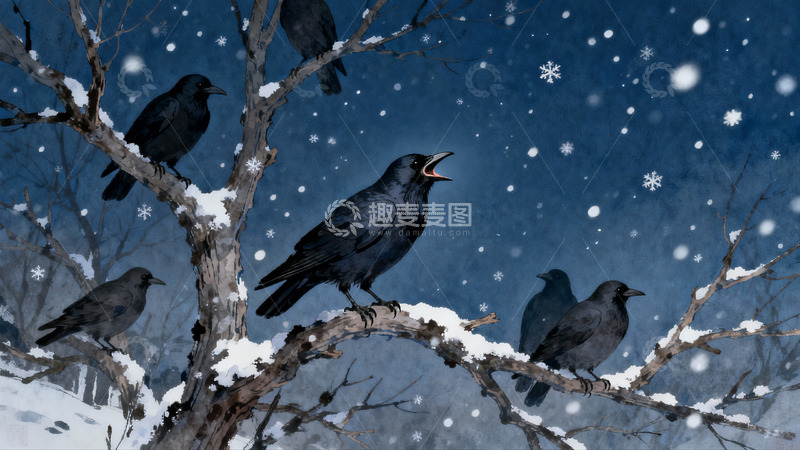 高清大图下载【趣麦麦图】雪夜树枝上的乌鸦群