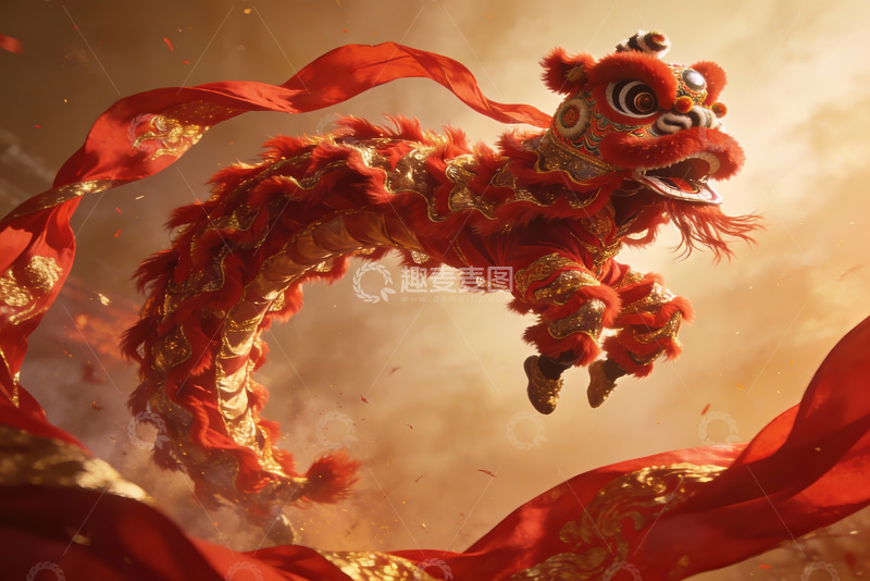 高清大图下载【趣麦麦图】红色舞狮空中飞跃表演