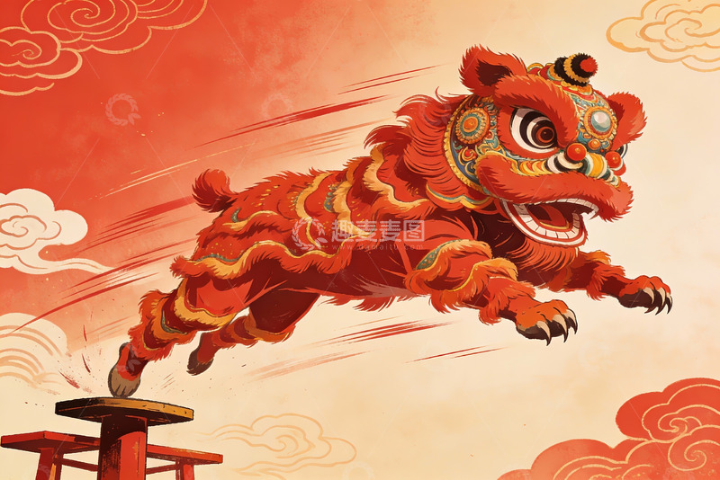 高清大图下载【趣麦麦图】红色舞狮跃上高凳