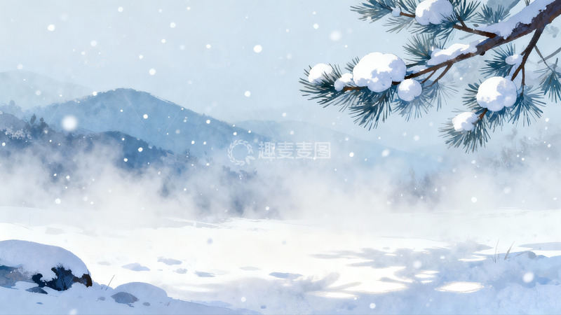 高清大图下载【趣麦麦图】雪景松枝雾山