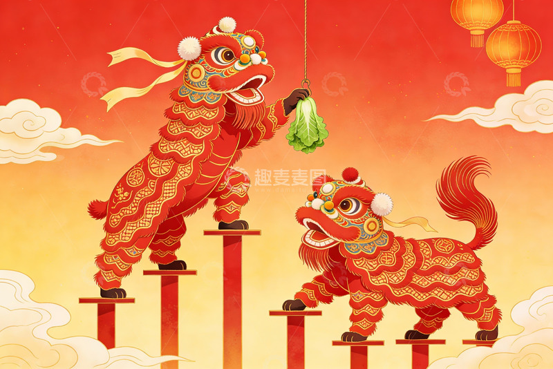 高清大图下载【趣麦麦图】舞狮采青传统节日场景