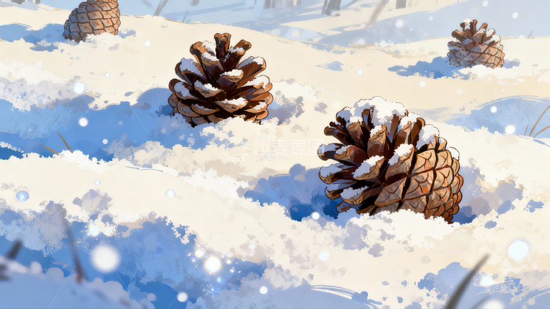 高清大图下载【趣麦麦图】雪地松果冬日静景
