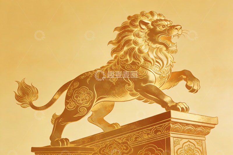 高清大图下载【趣麦麦图】金色狮子雕像威严伫立