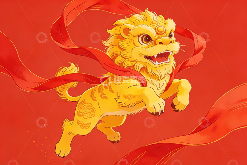 高清大图下载【趣麦麦图】金色舞狮跃动红色背景