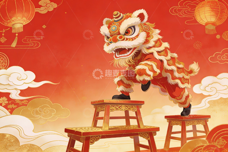 高清大图下载【趣麦麦图】舞狮登高迎新春