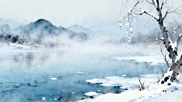 雪景山水画雾凇垂枝静谧湖