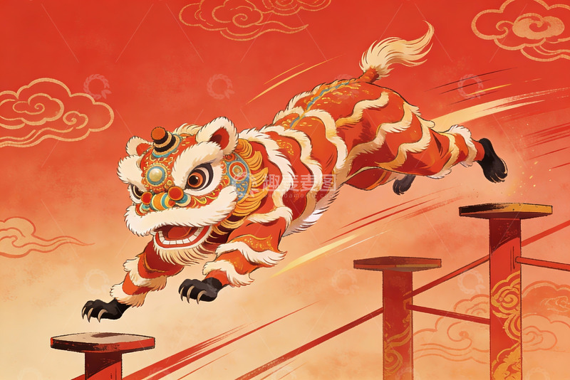 高清大图下载【趣麦麦图】舞狮飞跃木桩精彩瞬间