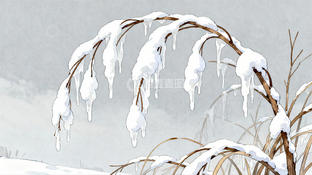 雪覆枯枝冰挂美景