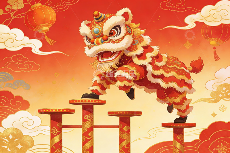 高清大图下载【趣麦麦图】舞狮表演跃上高桩喜庆氛围浓厚