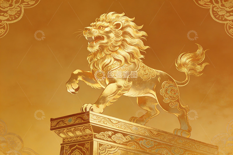 高清大图下载【趣麦麦图】金色狮子雕像威严伫立