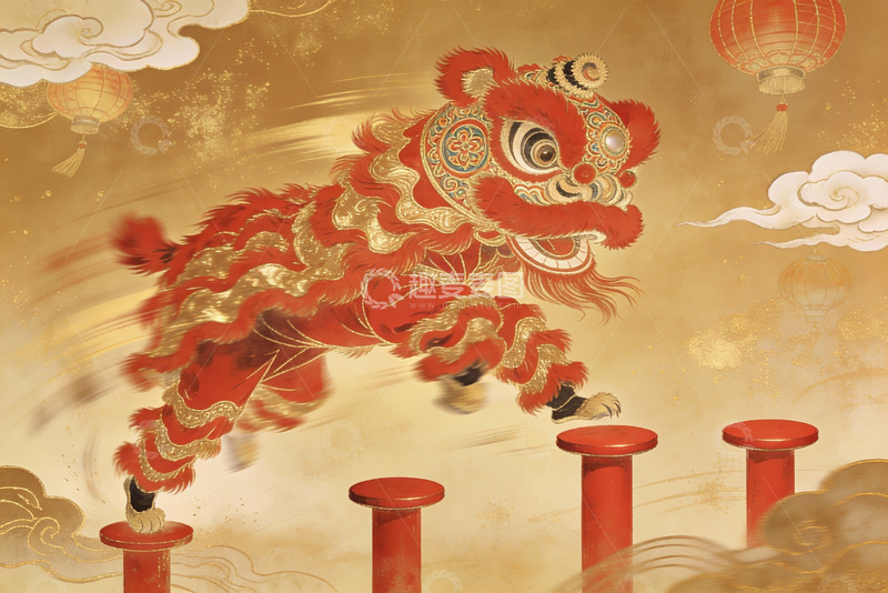 高清大图下载【趣麦麦图】红色舞狮跃过柱子庆祝节日