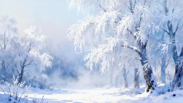 雪覆树枝雾气弥漫冬日景象