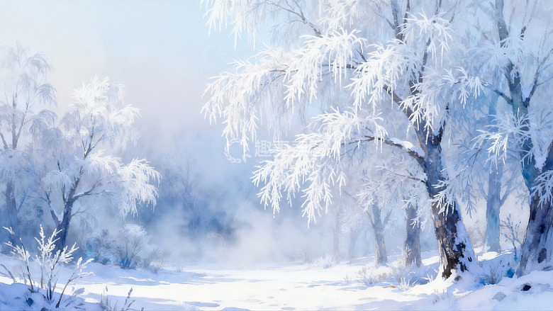 雪覆树枝雾气弥漫冬日景象