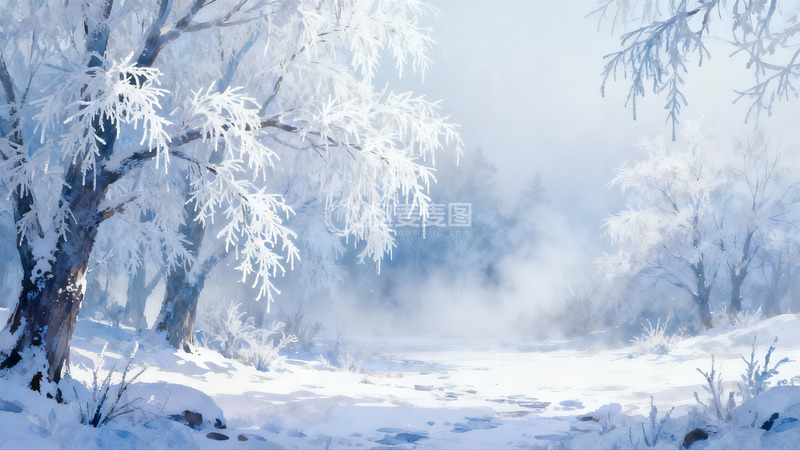 高清大图下载【趣麦麦图】雪覆树林雾气弥漫冬日景象