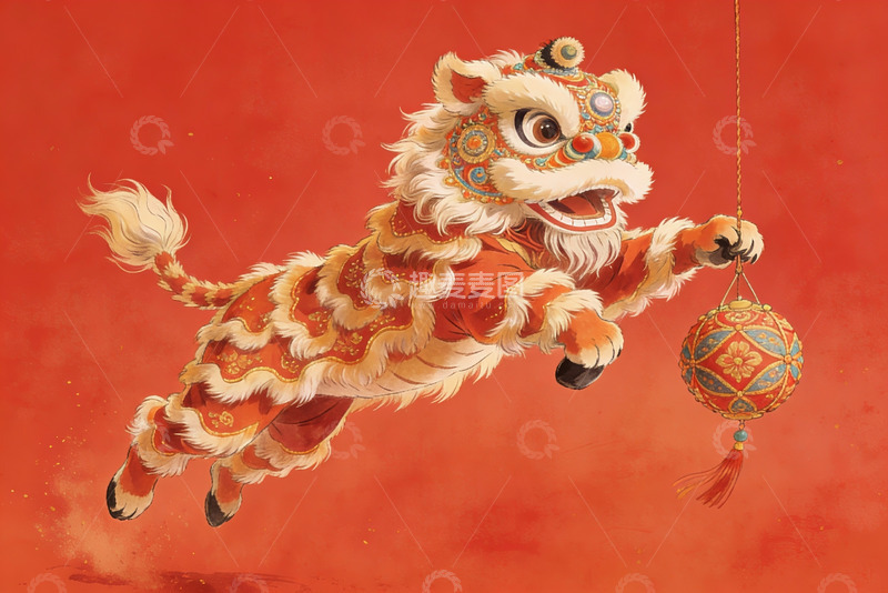 高清大图下载【趣麦麦图】舞狮手持灯笼跃动画面