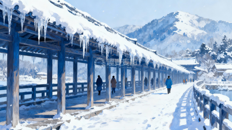 高清大图下载【趣麦麦图】雪覆长廊行人漫步冬日景