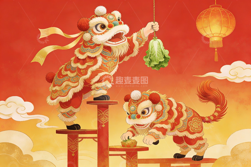 高清大图下载【趣麦麦图】舞狮采青喜庆祥和