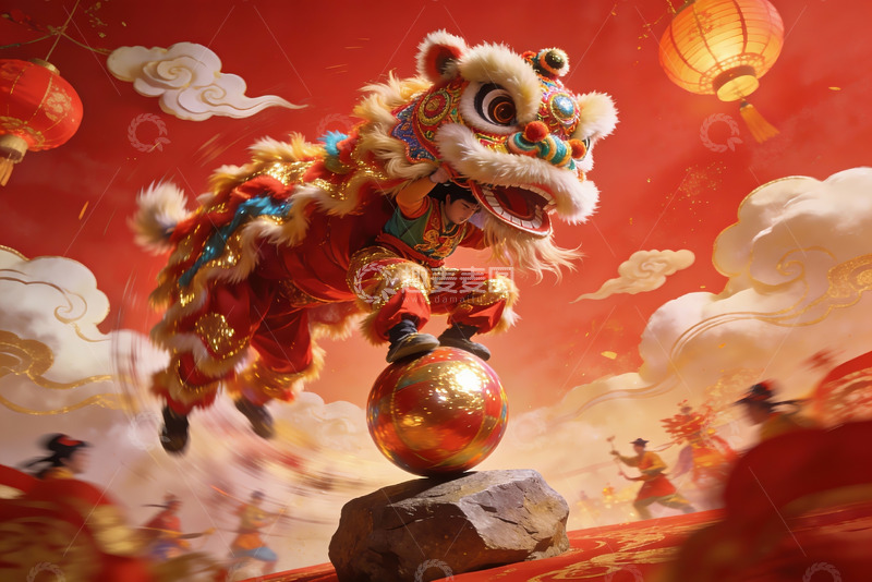 高清大图下载【趣麦麦图】舞狮表演空中踩球喜庆红