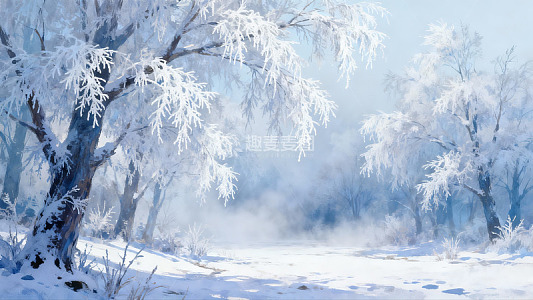 雪覆树枝雾气弥漫冬日森林