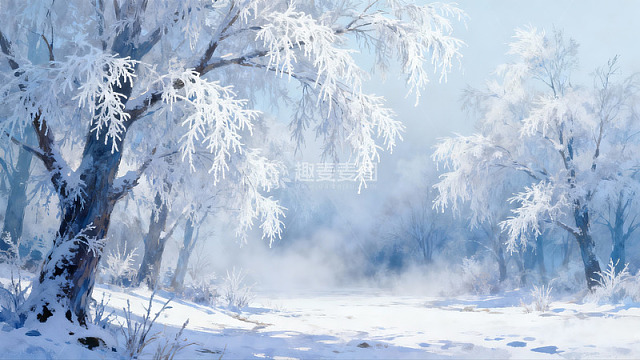 雪覆树枝雾气弥漫冬日森林