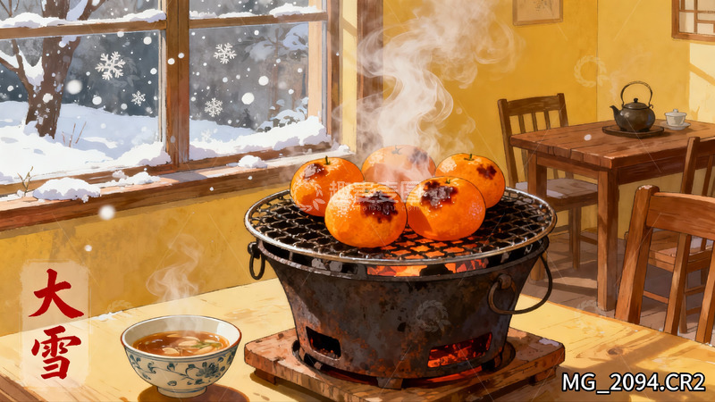 高清大图下载【趣麦麦图】冬日室内烤橘子温馨场景